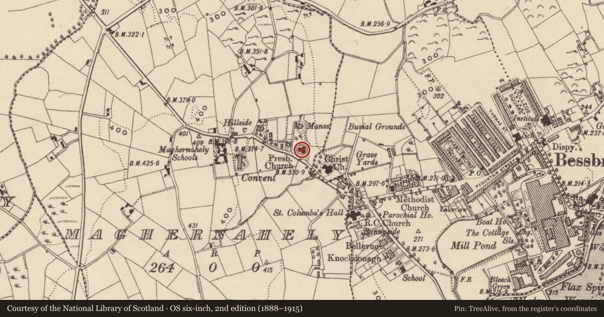 Ordnance Survey six-inch map, 2nd edition (1888–1915) covering the location of The Meeting House of Bessbrook Presbyterian Church, Maghernahely, Newry, Mourne and Down, with a pin at the register's coordinates