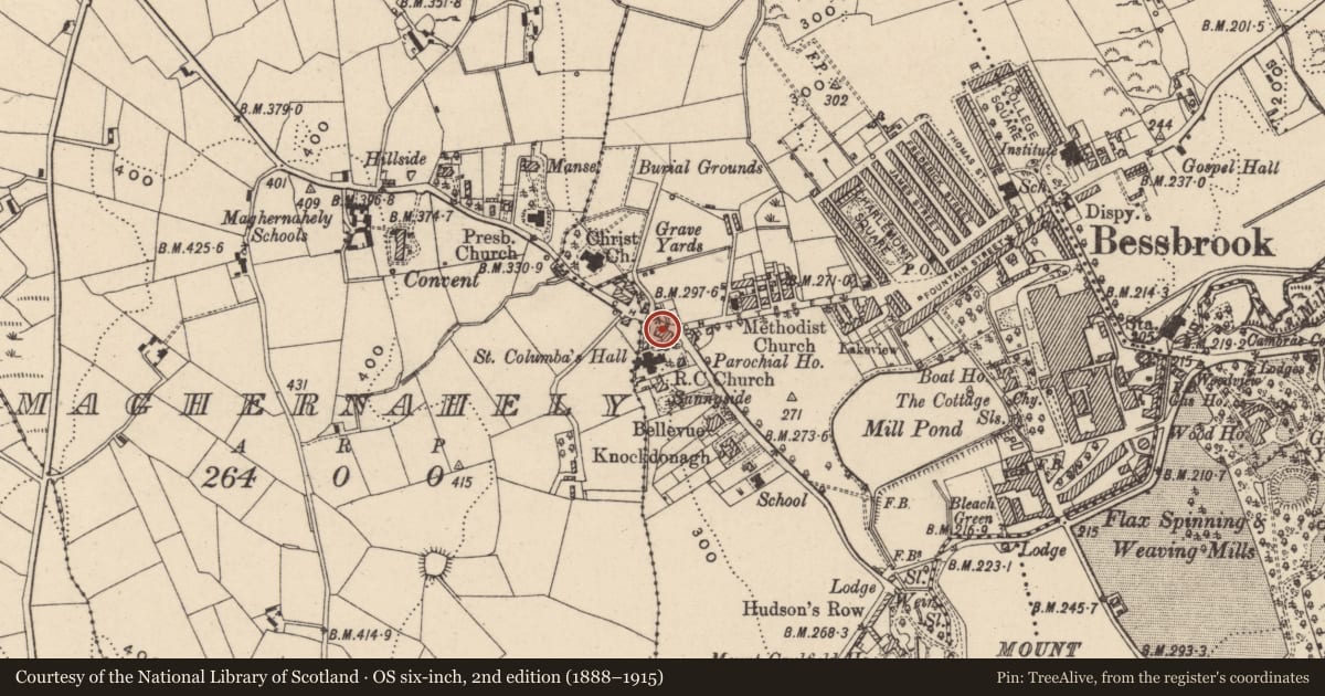Ordnance Survey six-inch map, 2nd edition (1888–1915) covering the location of West Lodge and West Cottage, Newry, Mourne and Down, with a pin at the register's coordinates