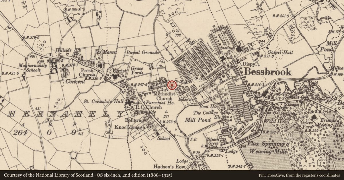 Ordnance Survey six-inch map, 2nd edition (1888–1915) covering the location of Tirsah, Newry, Mourne and Down, with a pin at the register's coordinates