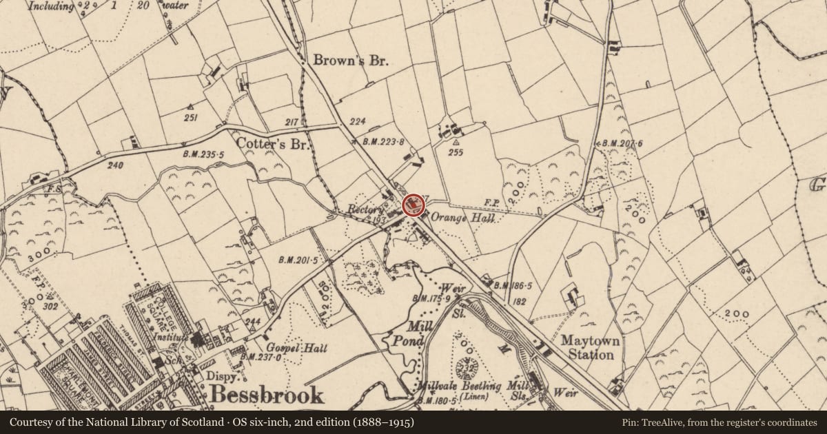 Ordnance Survey six-inch map, 2nd edition (1888–1915) covering the location of Old Masonic Hall, Mullaghglass, Newry, Mourne and Down, with a pin at the register's coordinates