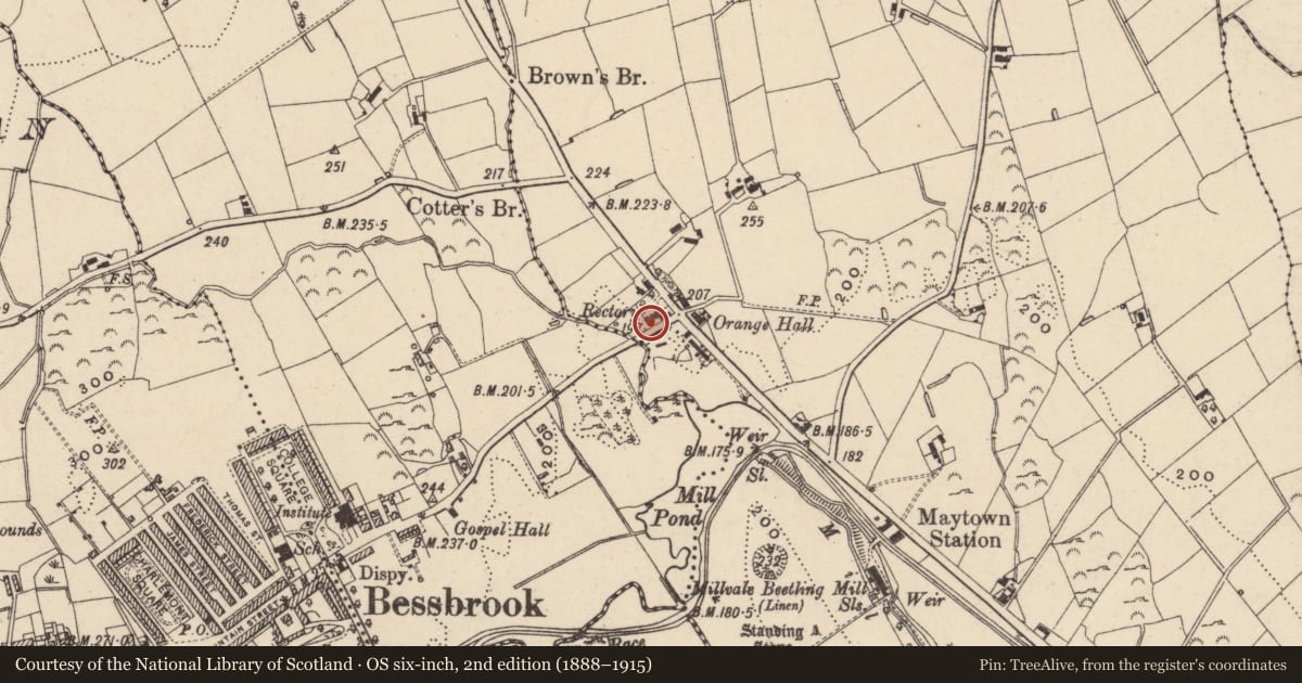 Ordnance Survey six-inch map, 2nd edition (1888–1915) covering the location of 2 Maytown Road, Mullaghglass, Newry, Mourne and Down, with a pin at the register's coordinates