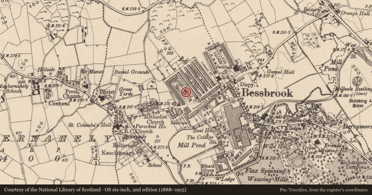 Ordnance Survey six-inch map, 2nd edition (1888–1915) covering the location of Electricity Memorial, Newry, Mourne and Down, with a pin at the register's coordinates