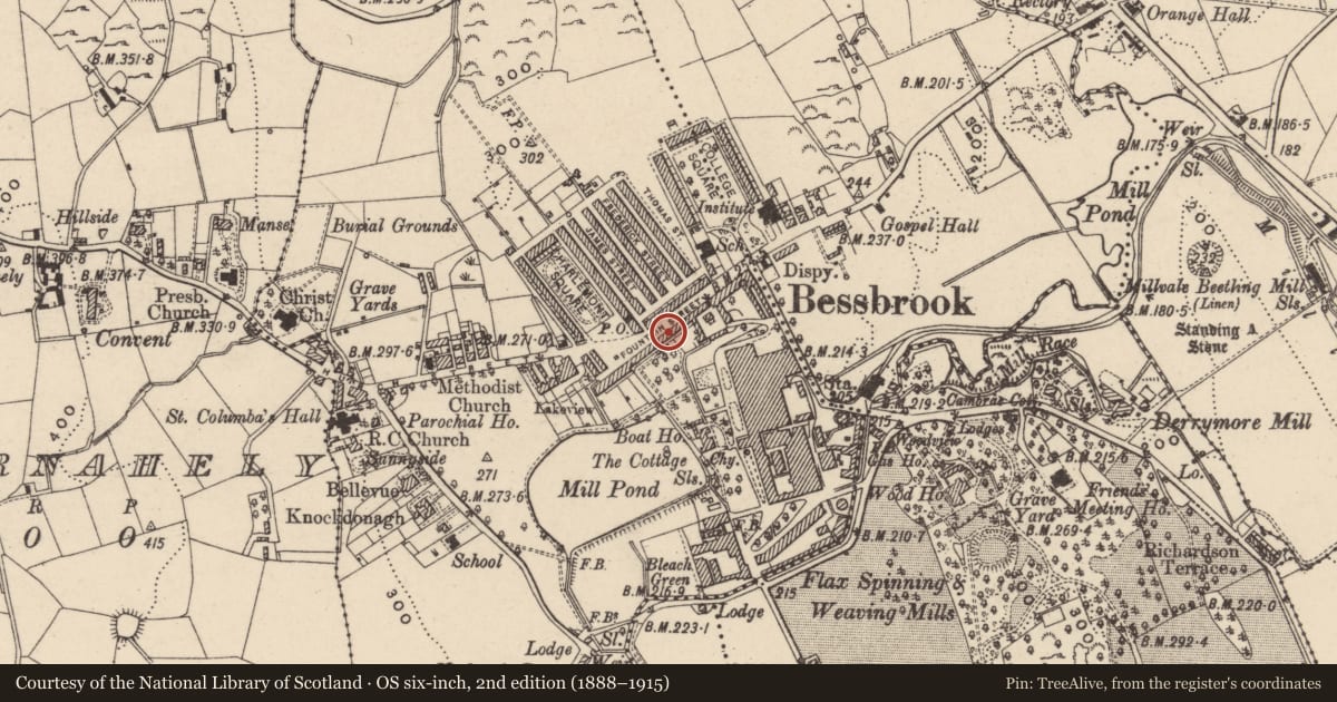 Ordnance Survey six-inch map, 2nd edition (1888–1915) covering the location of 53 – 67 Fountain Street, Newry, Mourne and Down, with a pin at the register's coordinates
