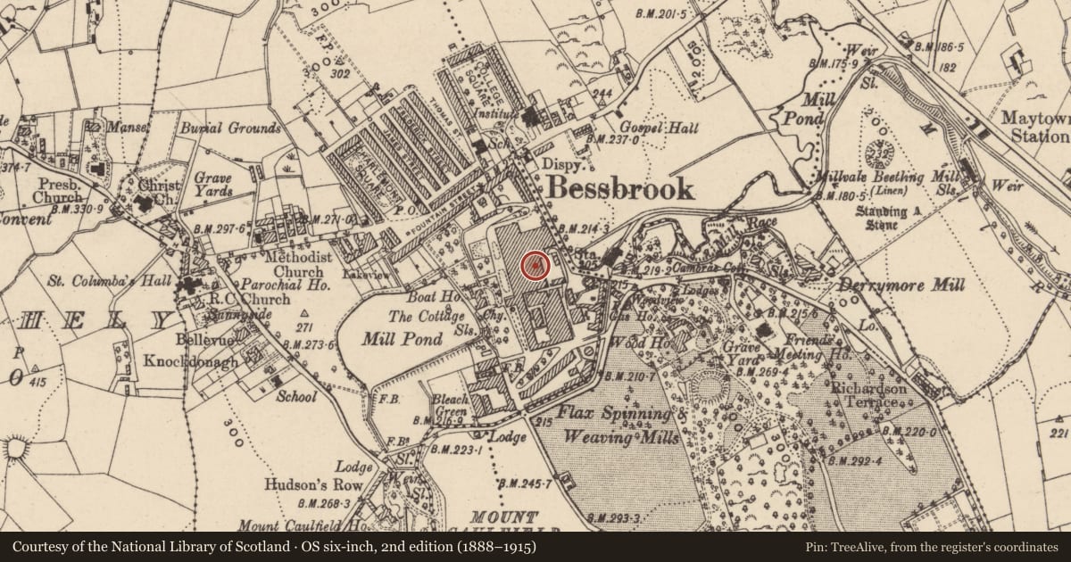 Ordnance Survey six-inch map, 2nd edition (1888–1915) covering the location of Bessbrook Mill, Clougharevan, Newry, Mourne and Down, with a pin at the register's coordinates