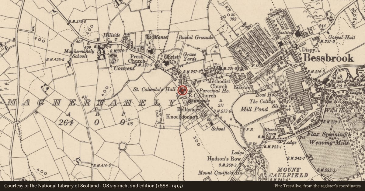 Ordnance Survey six-inch map, 2nd edition (1888–1915) covering the location of Church of SS Peter and Paul, Maghernahely, Newry, Mourne and Down, with a pin at the register's coordinates
