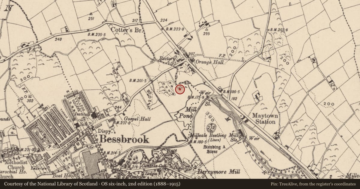 Ordnance Survey six-inch map, 2nd edition (1888–1915) covering the location of Slaughter House, Maytown, with a pin at the register's coordinates