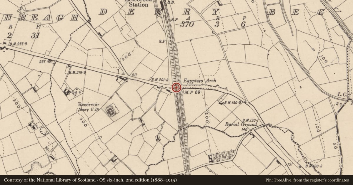 Ordnance Survey six-inch map, 2nd edition (1888–1915) covering the location of Egyptian Arch Over Camlough Road Derrybeg Bessbrook Co.armagh, Newry, Mourne and Down, with a pin at the register's coordinates