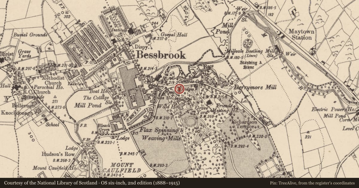 Ordnance Survey six-inch map, 2nd edition (1888–1915) covering the location of Lodge And Gates To Woodhouse, Newry, Mourne and Down, with a pin at the register's coordinates