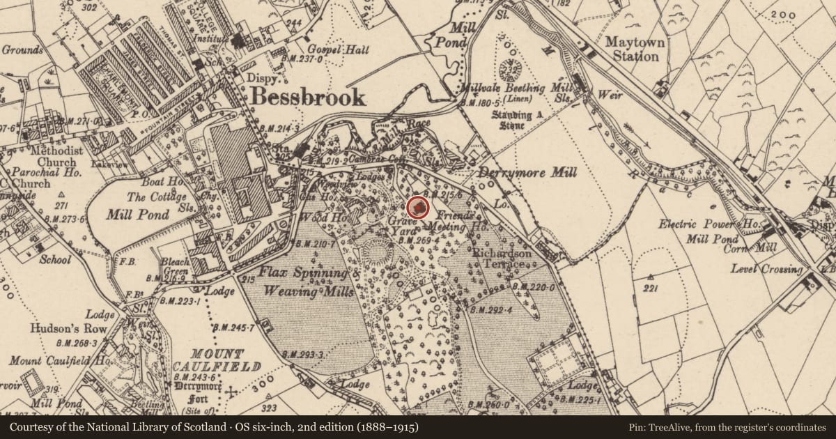 Ordnance Survey six-inch map, 2nd edition (1888–1915) covering the location of Friends Meeting House 17 Derrymore Road Bessbrook Co. Down BT35 7DN, Derry More, Newry, Mourne and Down, with a pin at the register's coordinates