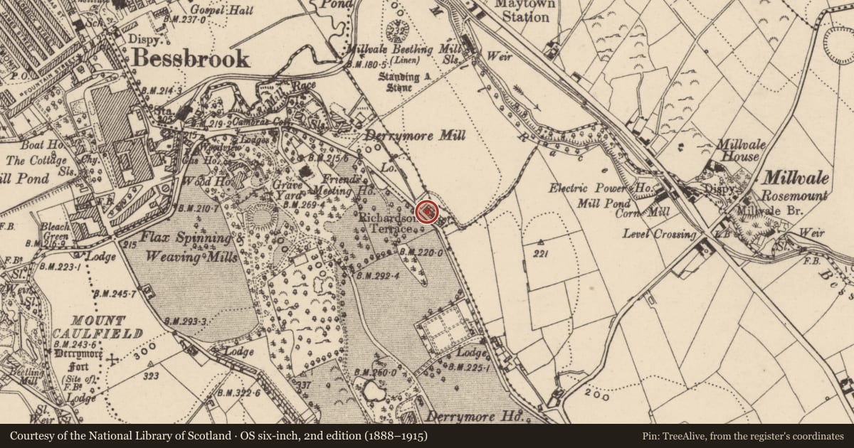 Ordnance Survey six-inch map, 2nd edition (1888–1915) covering the location of 2 DERAMORE (DERRYMORE) TERRACE, Newry, Mourne and Down, with a pin at the register's coordinates
