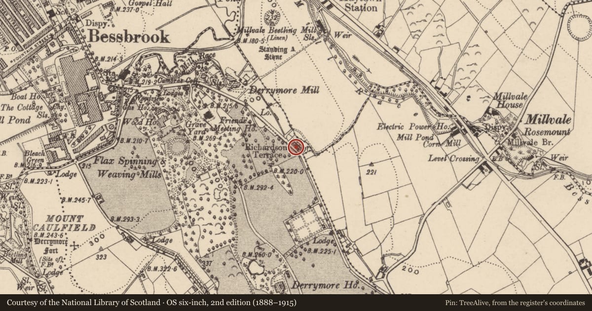 Ordnance Survey six-inch map, 2nd edition (1888–1915) covering the location of 5 DERAMORE (DERRYMORE) TERRACE, Newry, Mourne and Down, with a pin at the register's coordinates