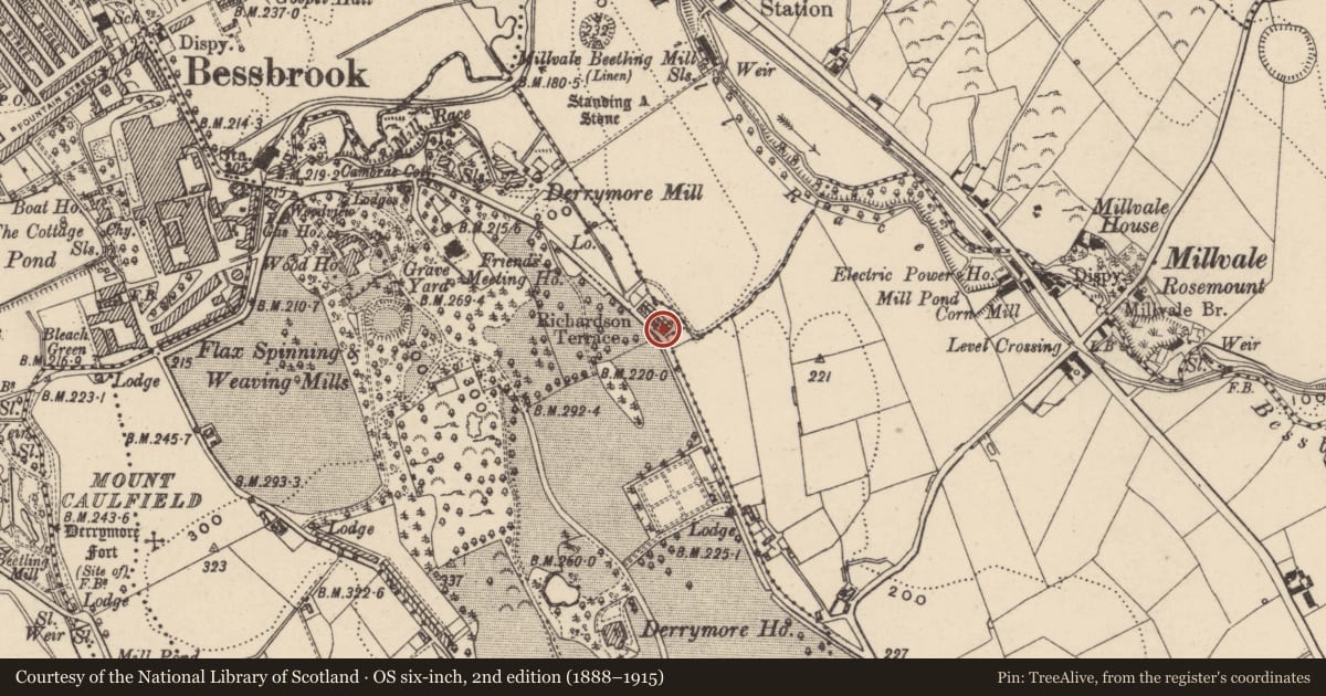 Ordnance Survey six-inch map, 2nd edition (1888–1915) covering the location of 9 DERAMORE (DERRYMORE) TERRACE, Newry, Mourne and Down, with a pin at the register's coordinates