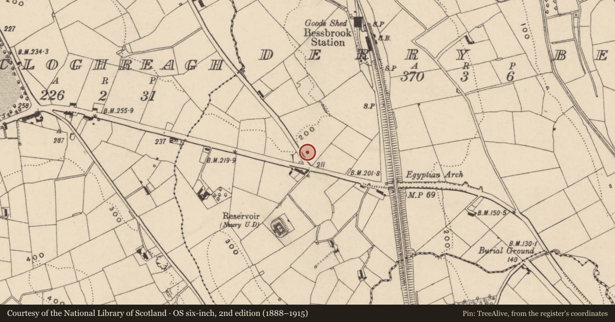 Ordnance Survey six-inch map, 2nd edition (1888–1915) covering the location of Cottage 8, Newry, Mourne and Down, with a pin at the register's coordinates
