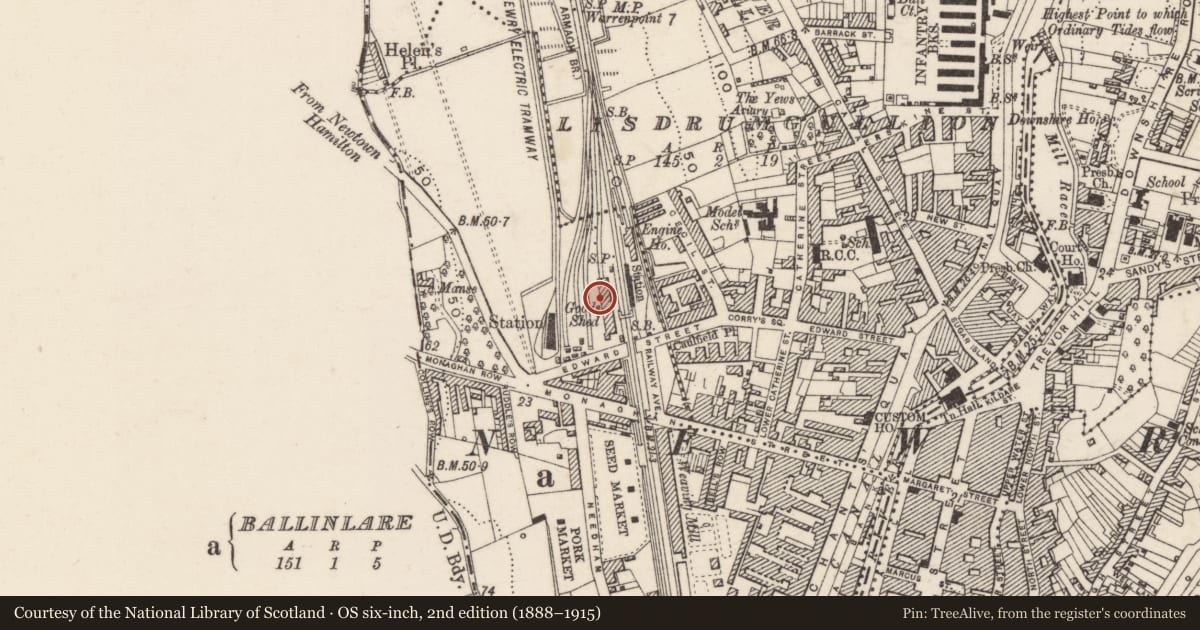 Ordnance Survey six-inch map, 2nd edition (1888–1915) covering the location of Railway Station, Ballinlare, Newry, Mourne and Down, with a pin at the register's coordinates