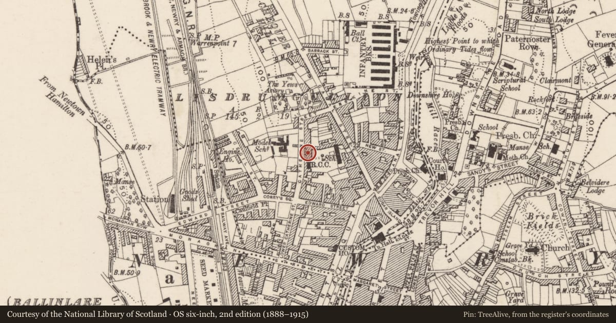 Ordnance Survey six-inch map, 2nd edition (1888–1915) covering the location of Convent of Mercy, Lisdrumgullion, Newry, Mourne and Down, with a pin at the register's coordinates