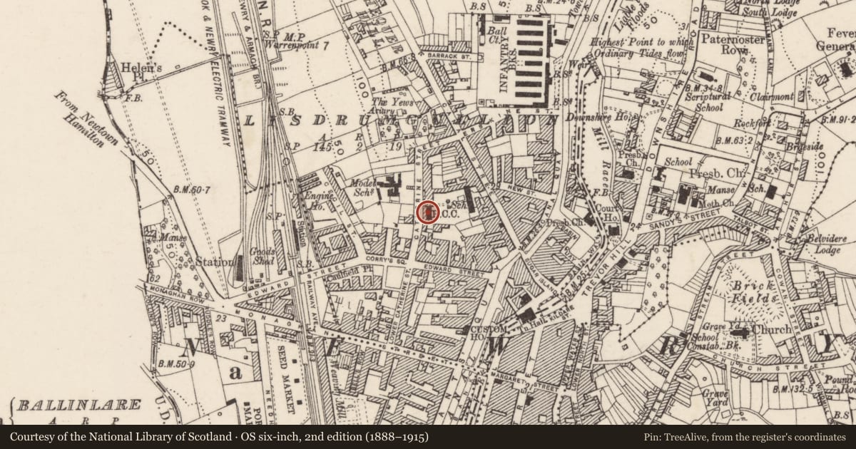 Ordnance Survey six-inch map, 2nd edition (1888–1915) covering the location of Convent of Mercy Chapel, Lisdrumgullion, Newry, Mourne and Down, with a pin at the register's coordinates