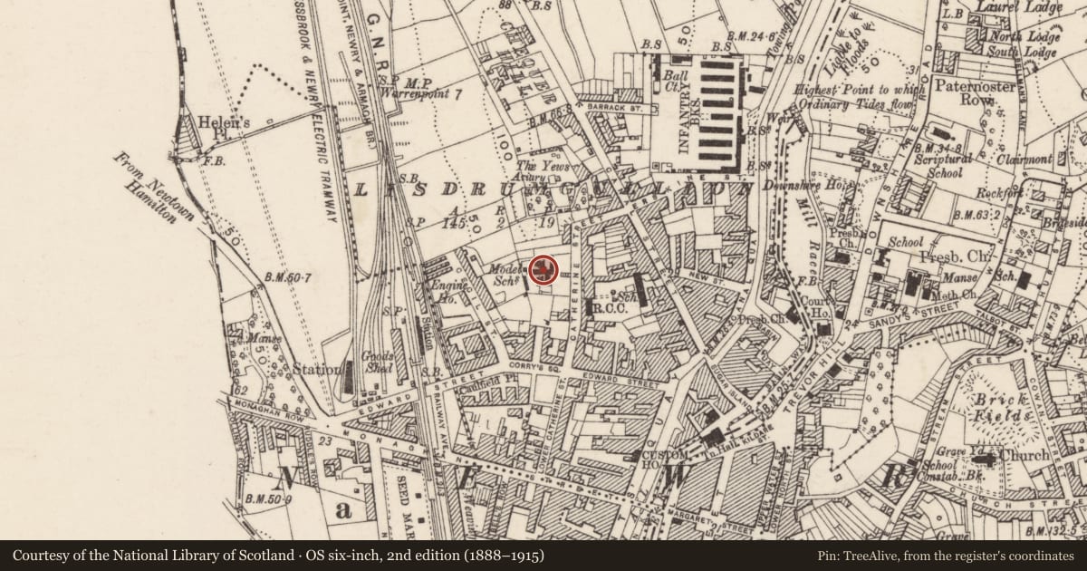 Ordnance Survey six-inch map, 2nd edition (1888–1915) covering the location of Former Model Primary School, Lisdrumgullion, Newry, Mourne and Down, with a pin at the register's coordinates