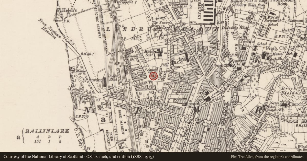 Ordnance Survey six-inch map, 2nd edition (1888–1915) covering the location of 7 Corry’s Square, Lisdrumgullion, Newry, Mourne and Down, with a pin at the register's coordinates