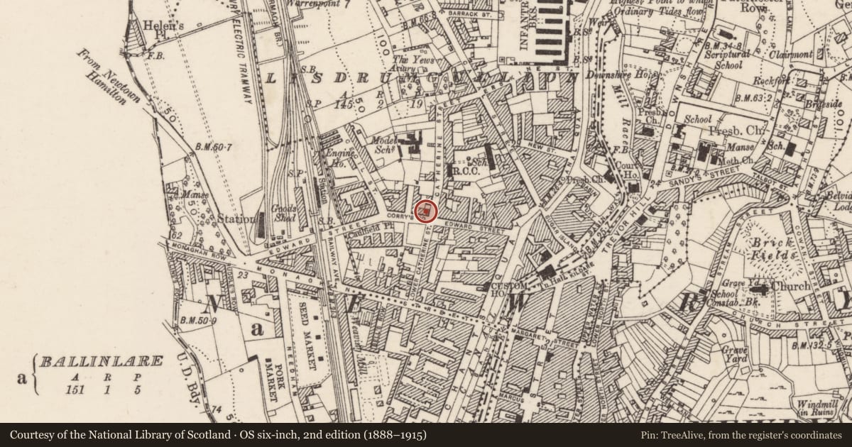Ordnance Survey six-inch map, 2nd edition (1888–1915) covering the location of 1 Corry’s Square, Lisdrumgullion, Newry, Mourne and Down, with a pin at the register's coordinates