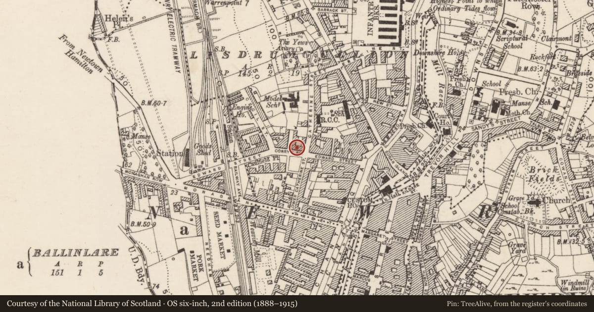 Ordnance Survey six-inch map, 2nd edition (1888–1915) covering the location of 2 Corry’s Square, Lisdrumgullion, Newry, Mourne and Down, with a pin at the register's coordinates