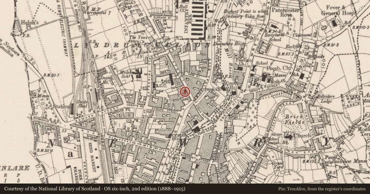 Ordnance Survey six-inch map, 2nd edition (1888–1915) covering the location of 10 Canal Street, Lisdrumgullion, Newry, Mourne and Down, with a pin at the register's coordinates