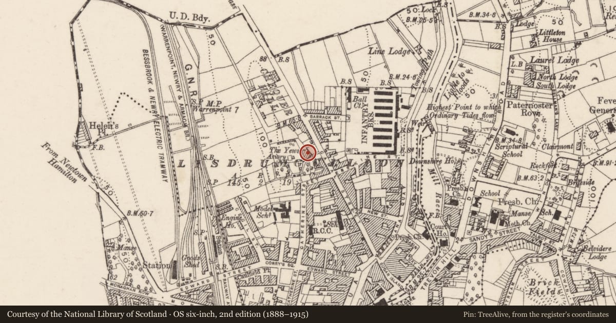 Ordnance Survey six-inch map, 2nd edition (1888–1915) covering the location of The Yews, Lisdrumgullion, Newry, Mourne and Down, with a pin at the register's coordinates