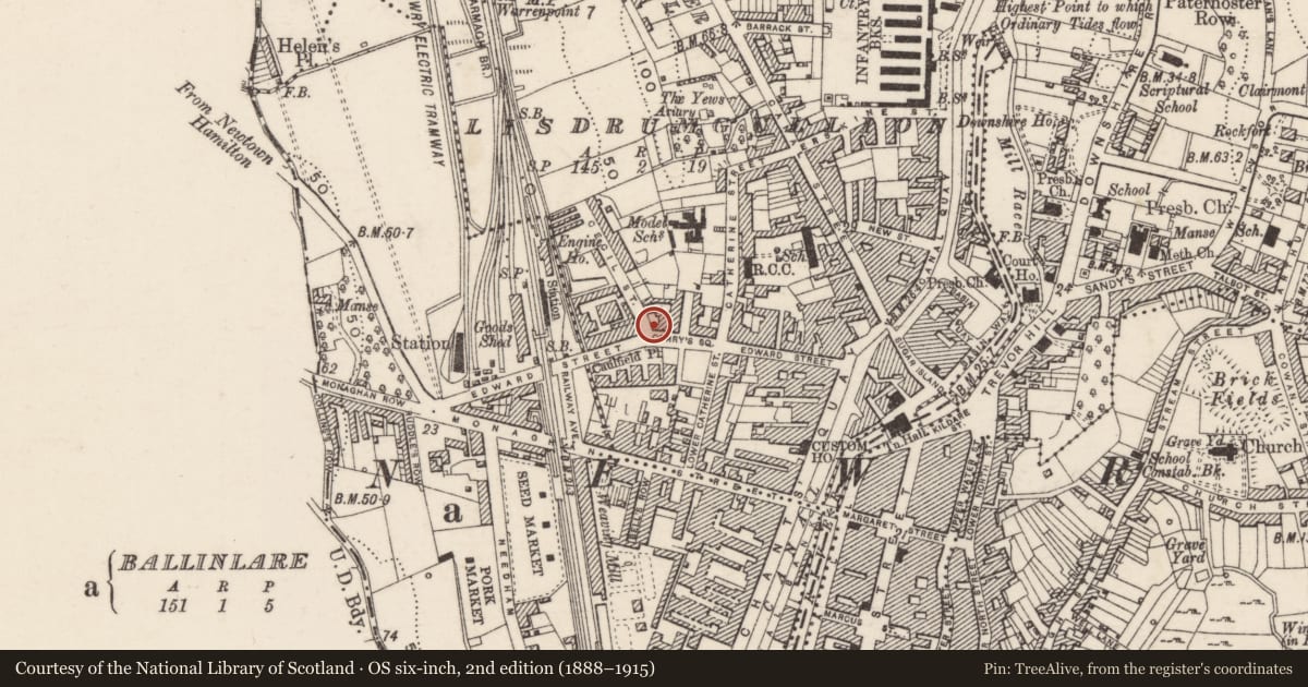 Ordnance Survey six-inch map, 2nd edition (1888–1915) covering the location of 9 Corry’s Square, Lisdrumgullion, Newry, Mourne and Down, with a pin at the register's coordinates