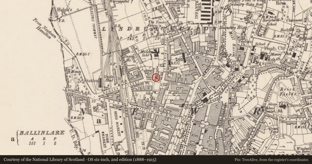 Ordnance Survey six-inch map, 2nd edition (1888–1915) covering the location of 3 Corry’s Square, Lisdrumgullion, Newry, Mourne and Down, with a pin at the register's coordinates