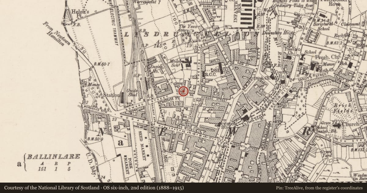 Ordnance Survey six-inch map, 2nd edition (1888–1915) covering the location of 5 Corry’s Square, Lisdrumgullion, Newry, Mourne and Down, with a pin at the register's coordinates