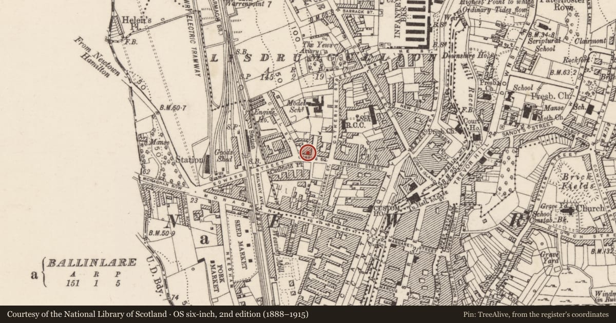 Ordnance Survey six-inch map, 2nd edition (1888–1915) covering the location of 6 Corry’s Square, Lisdrumgullion, Newry, Mourne and Down, with a pin at the register's coordinates