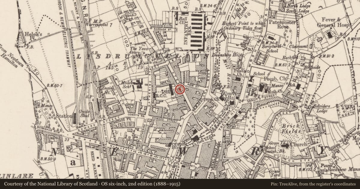 Ordnance Survey six-inch map, 2nd edition (1888–1915) covering the location of 22 Canal Street, Lisdrumgullion, Newry, Mourne and Down, with a pin at the register's coordinates