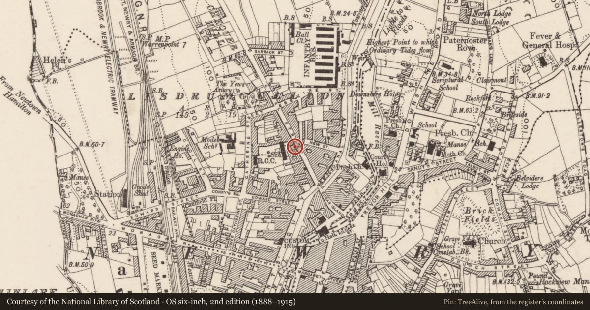 Ordnance Survey six-inch map, 2nd edition (1888–1915) covering the location of 26 Canal Street, Lisdrumgullion, Newry, Mourne and Down, with a pin at the register's coordinates