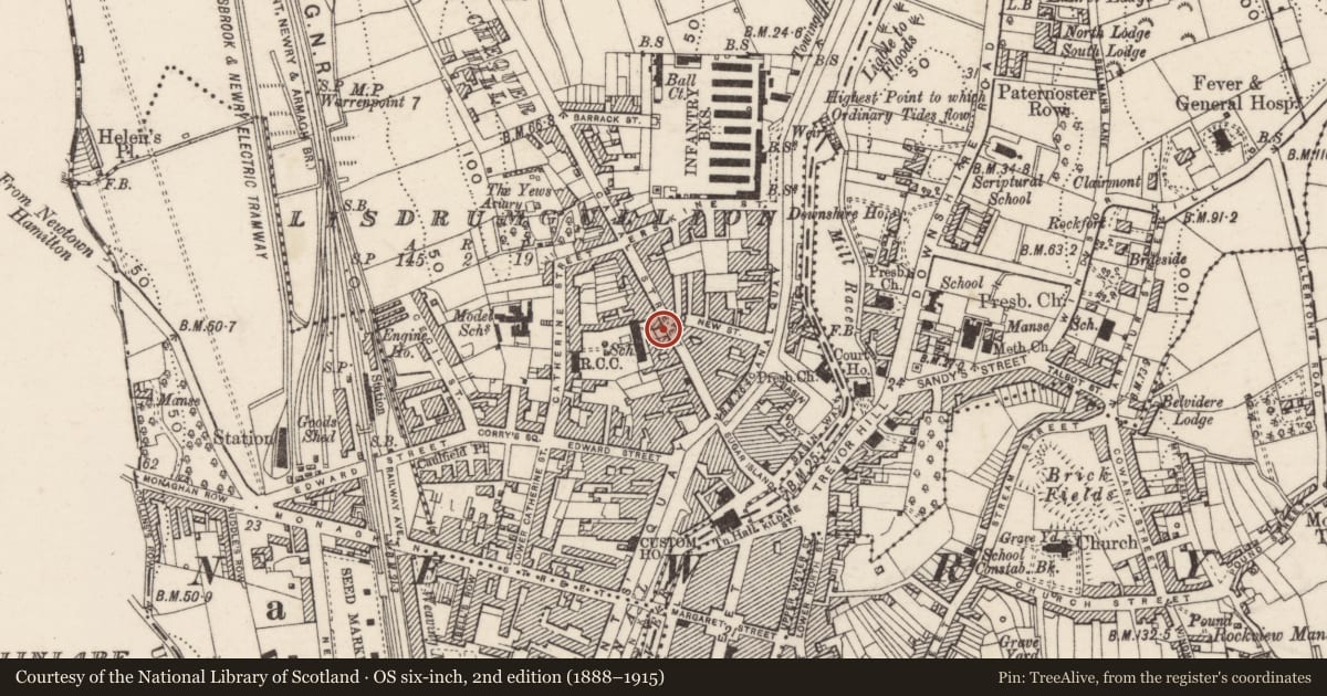 Ordnance Survey six-inch map, 2nd edition (1888–1915) covering the location of 28 Canal Street, Lisdrumgullion, Newry, Mourne and Down, with a pin at the register's coordinates