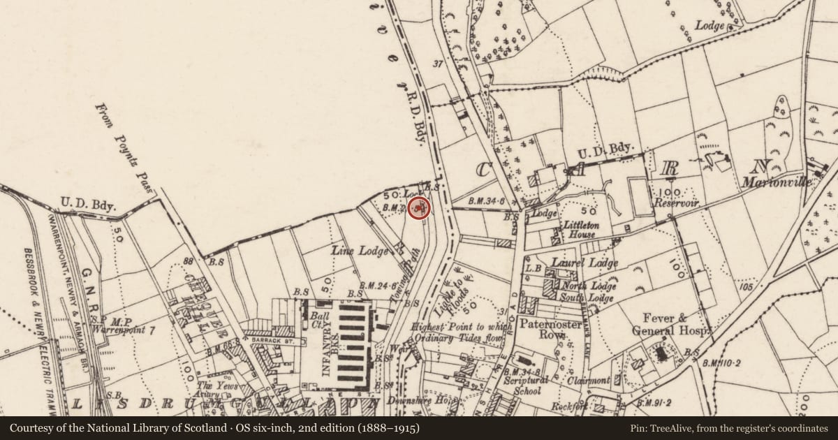 Ordnance Survey six-inch map, 2nd edition (1888–1915) covering the location of Lock Keeper's House, Lisdrumgullion, Newry, Mourne and Down, with a pin at the register's coordinates