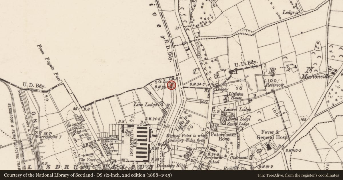 Ordnance Survey six-inch map, 2nd edition (1888–1915) covering the location of Lock no.2, Lisdrumgullion, Newry, Mourne and Down, with a pin at the register's coordinates