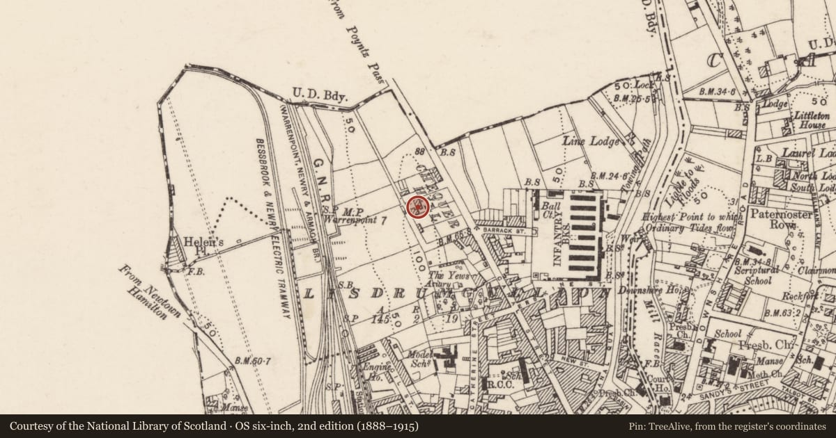 Ordnance Survey six-inch map, 2nd edition (1888–1915) covering the location of Lisdrum House, Lisdrumgullion, Newry, Mourne and Down, with a pin at the register's coordinates