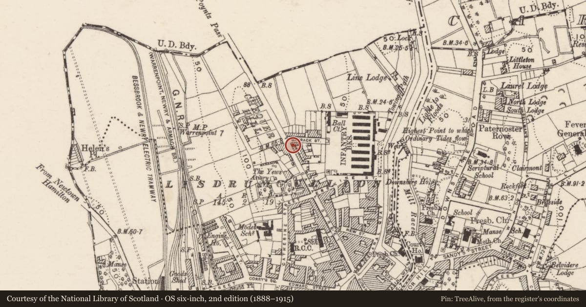 Ordnance Survey six-inch map, 2nd edition (1888–1915) covering the location of 109 Canal Street, Lisdrumgullion, Newry, Mourne and Down, with a pin at the register's coordinates