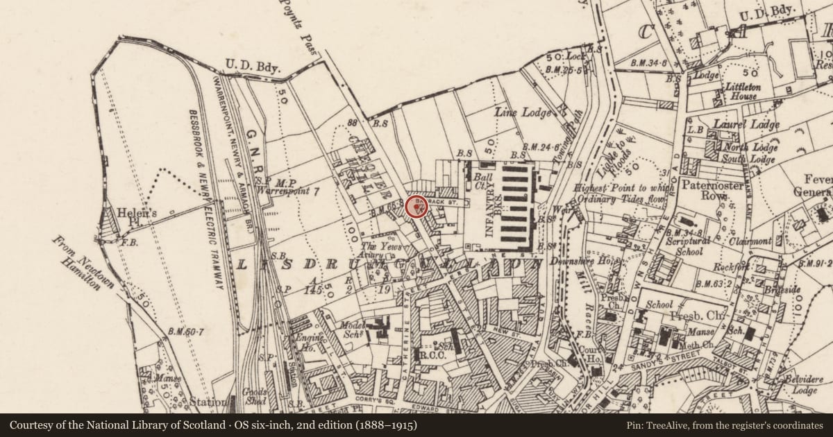 Ordnance Survey six-inch map, 2nd edition (1888–1915) covering the location of 111 Canal Street, Lisdrumgullion, Newry, Mourne and Down, with a pin at the register's coordinates