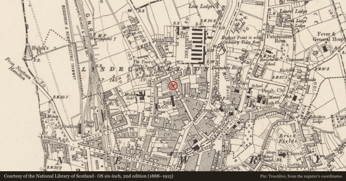 Ordnance Survey six-inch map, 2nd edition (1888–1915) covering the location of 40 Canal Street, Lisdrumgullion, Newry, Mourne and Down, with a pin at the register's coordinates