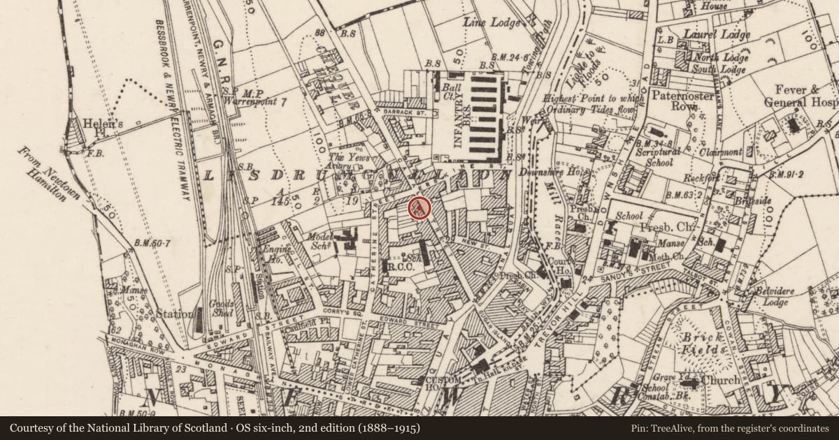 Ordnance Survey six-inch map, 2nd edition (1888–1915) covering the location of 44 Canal Street, Lisdrumgullion, Newry, Mourne and Down, with a pin at the register's coordinates