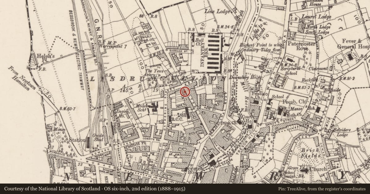 Ordnance Survey six-inch map, 2nd edition (1888–1915) covering the location of 46 Canal Street, Lisdrumgullion, Newry, Mourne and Down, with a pin at the register's coordinates