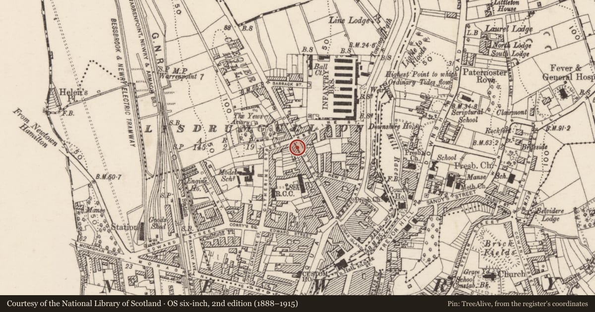 Ordnance Survey six-inch map, 2nd edition (1888–1915) covering the location of 48 Canal Street, Lisdrumgullion, Newry, Mourne and Down, with a pin at the register's coordinates