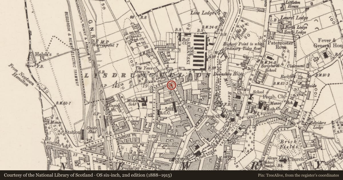 Ordnance Survey six-inch map, 2nd edition (1888–1915) covering the location of 50 Canal Street, Lisdrumgullion, Newry, Mourne and Down, with a pin at the register's coordinates