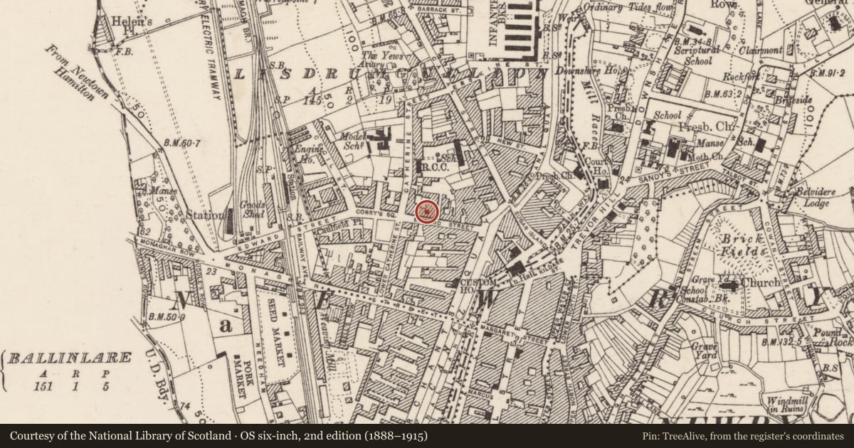 Ordnance Survey six-inch map, 2nd edition (1888–1915) covering the location of St Joseph’s Convent Primary School, Lisdrumgullion, Newry, Mourne and Down, with a pin at the register's coordinates