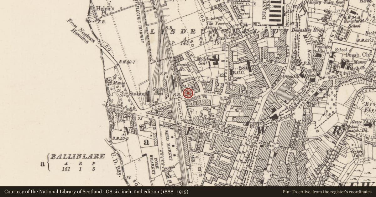Ordnance Survey six-inch map, 2nd edition (1888–1915) covering the location of 1B Upper Edward Street, Lisdrumgullion, Newry, Mourne and Down, with a pin at the register's coordinates