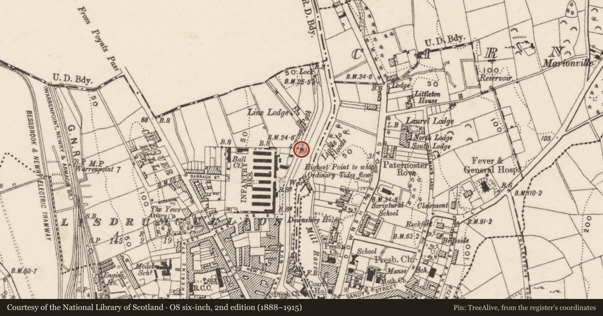 Ordnance Survey six-inch map, 2nd edition (1888–1915) covering the location of Newry Canal, Lisdrumgullion, Newry, Mourne and Down, with a pin at the register's coordinates