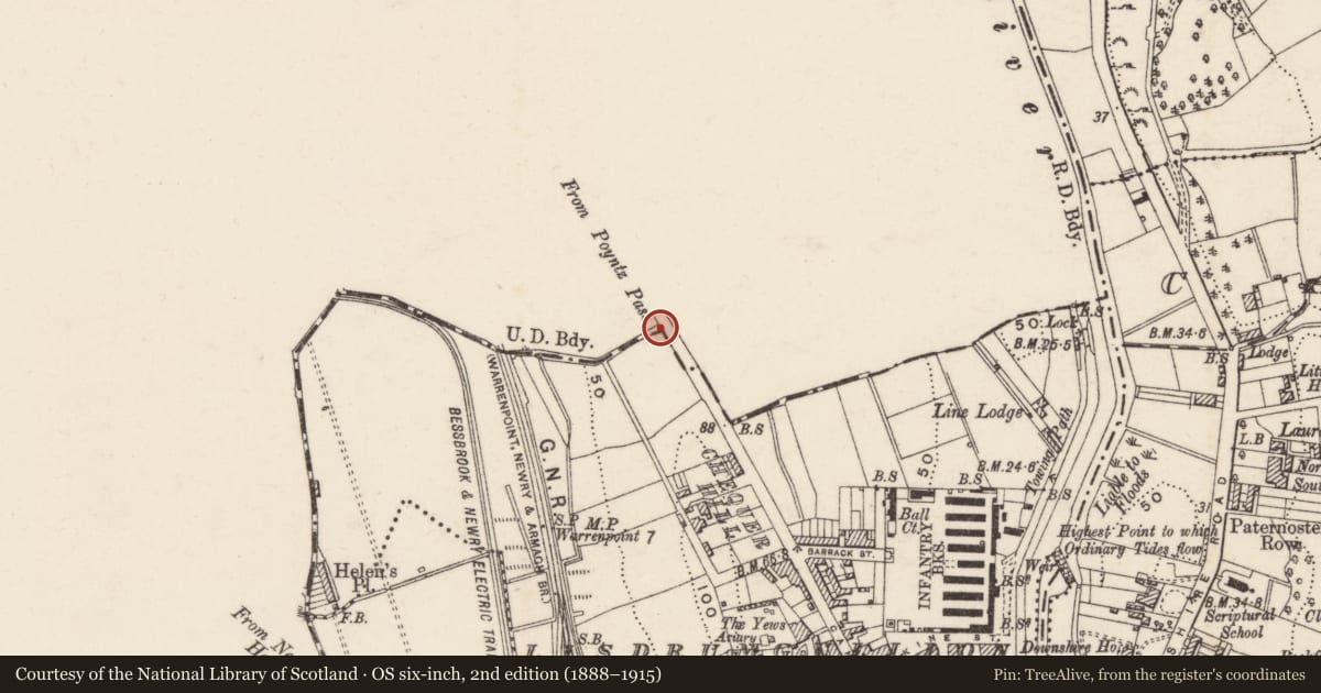 Ordnance Survey six-inch map, 2nd edition (1888–1915) covering the location of Boundary Post near 37 Armagh Road Newry Co Down BT35 6DJ, Lisdrumgullion, Newry, Mourne and Down, with a pin at the register's coordinates