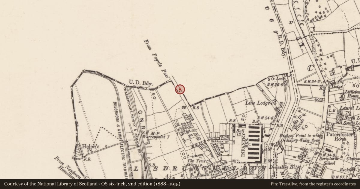 Ordnance Survey six-inch map, 2nd edition (1888–1915) covering the location of Boundary Post near 28 and 30 Armagh Road Newry Co. Down BT35 6DJ, Lisdrumgullion, Newry, Mourne and Down, with a pin at the register's coordinates