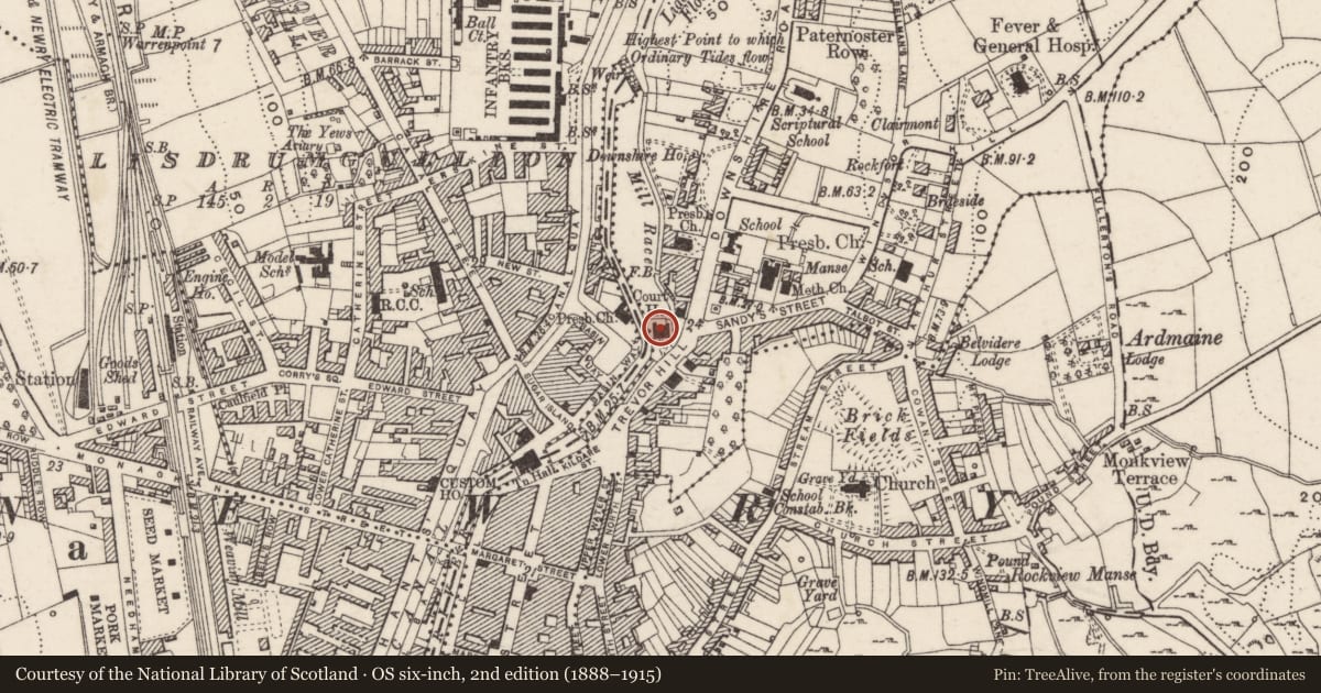 Ordnance Survey six-inch map, 2nd edition (1888–1915) covering the location of Courthouse, Carneyhough, Newry, Mourne and Down, with a pin at the register's coordinates