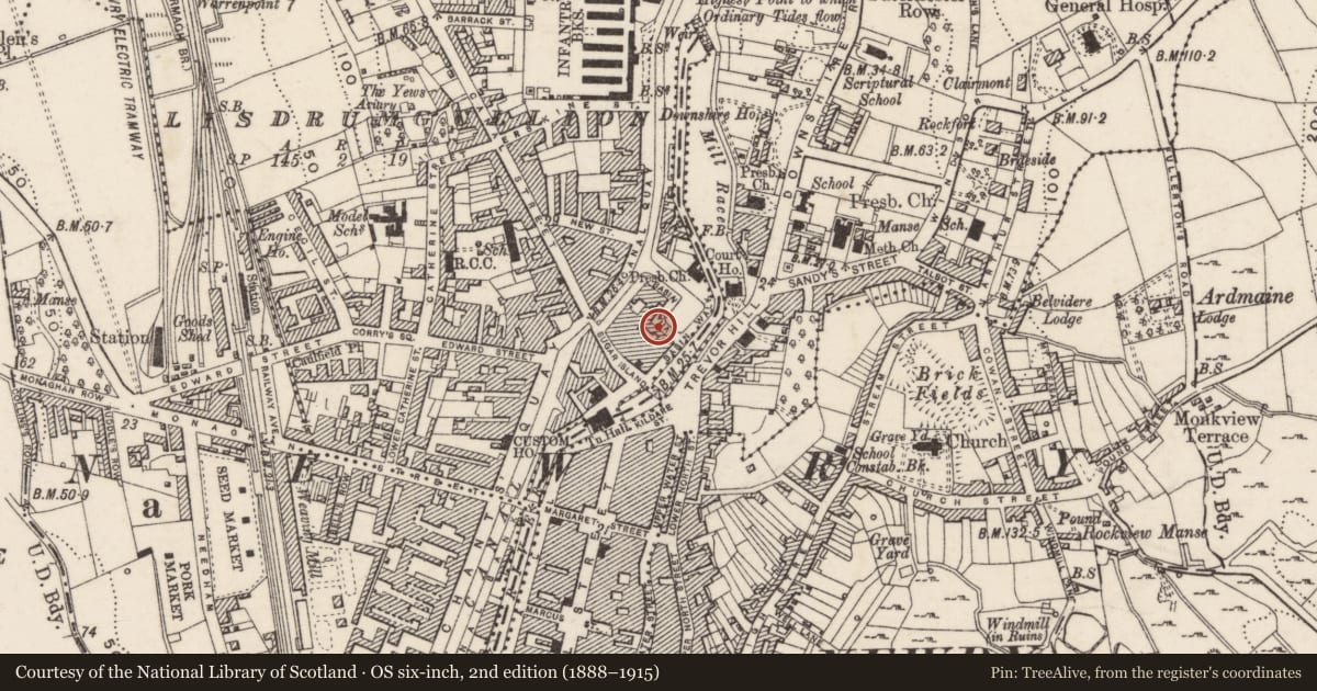 Ordnance Survey six-inch map, 2nd edition (1888–1915) covering the location of Warehouse, Lisdrumgullion, Newry, Mourne and Down, with a pin at the register's coordinates